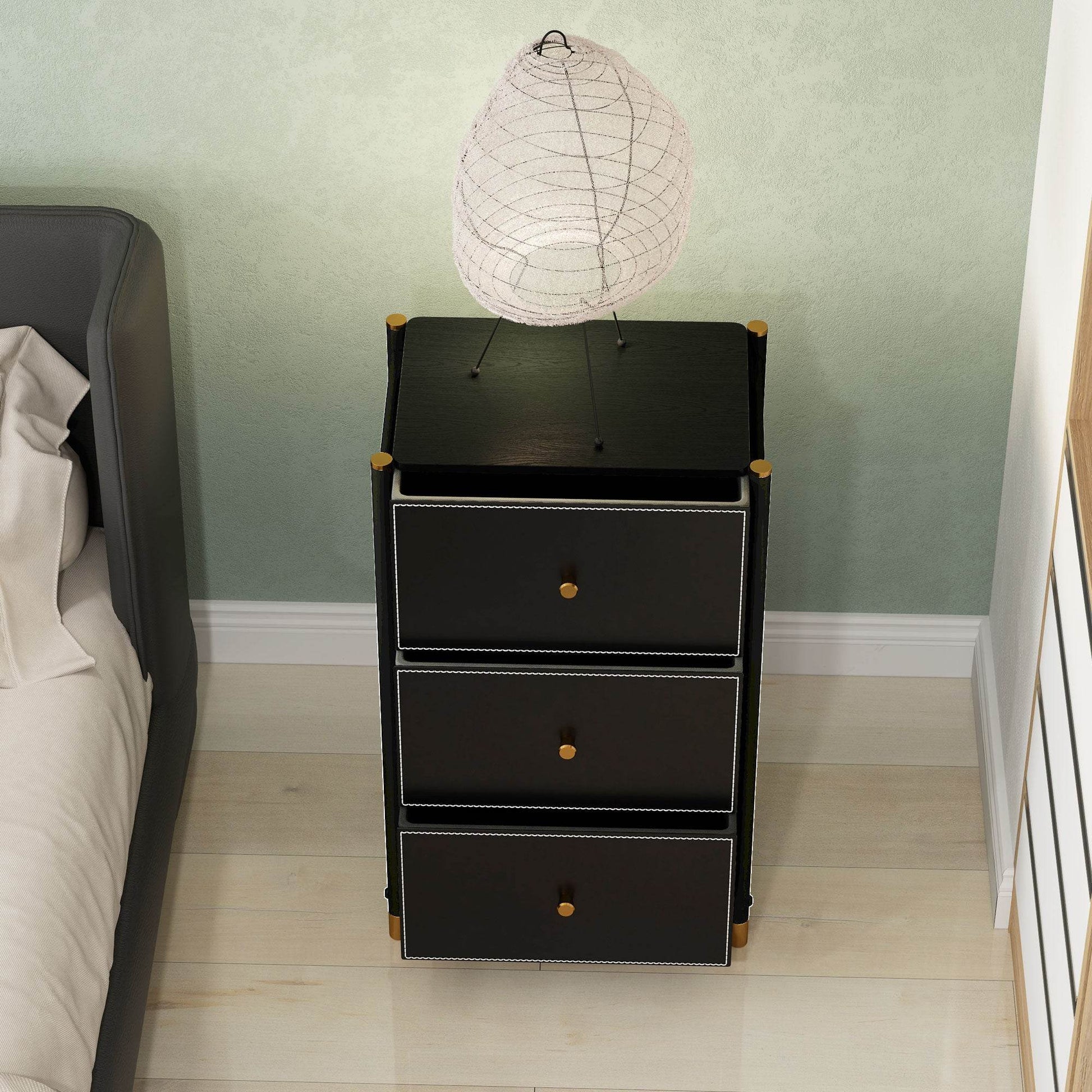 HOMCOM Sleek Black Faux Leather 3-Drawer Chest with Gold Accents - ALL4U RETAILER LTD