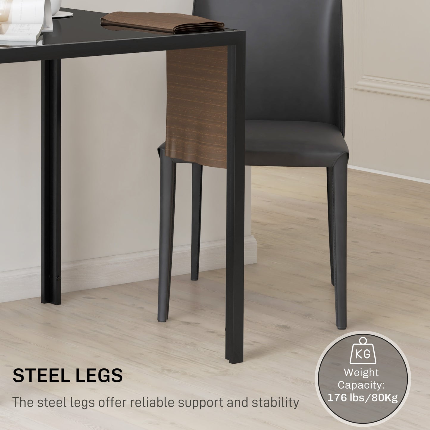 HOMCOM Modern Square Dining Table for Two to Four People with Glass Top and Metal Legs Black