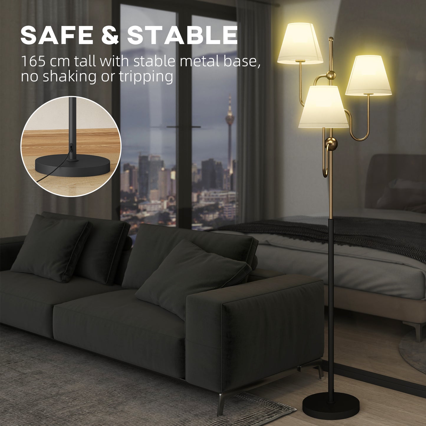 HOMCOM Floor Lamp 165 cm Standing Lamp With 3 Lights and Foot Switch For Living Room Bedroom Office E27 Base 40W Max