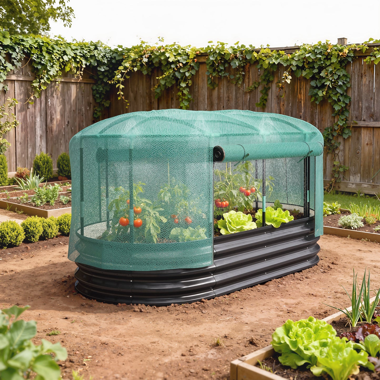 Outsunny Galvanised Raised Garden Bed Kit With Self Watering System Mesh Cover HDPE Cage 6x3Ft Dark Grey Green