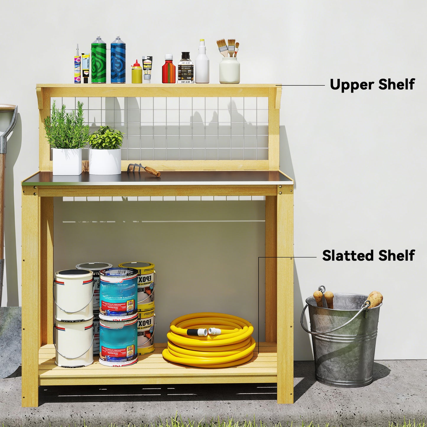 Outsunny Wooden Potting Bench Table With Aluminium Worktop Outdoor Garden Workbench Two Shelves