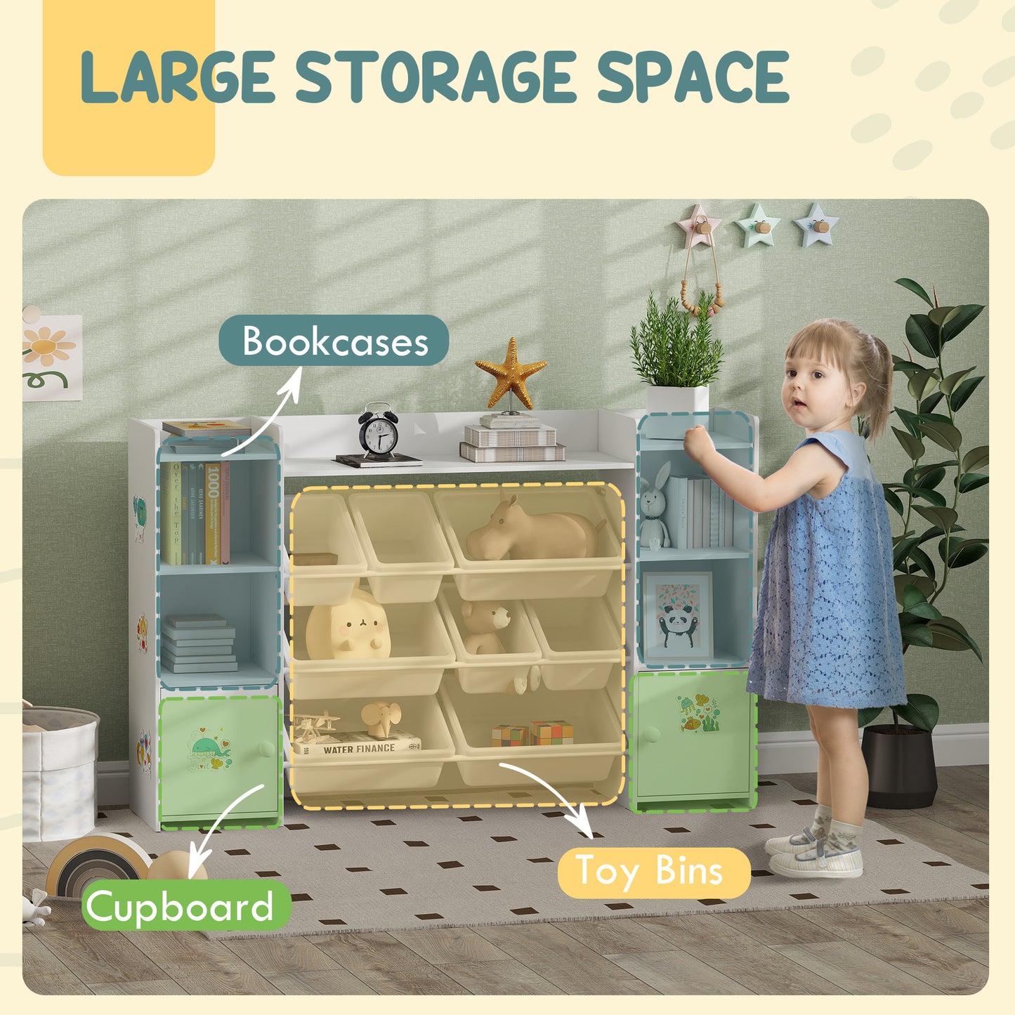 AIYAPLAY 3 In 1 Kids Toy Organizer And Storage With Eight Removable Bins And Bookshelf White