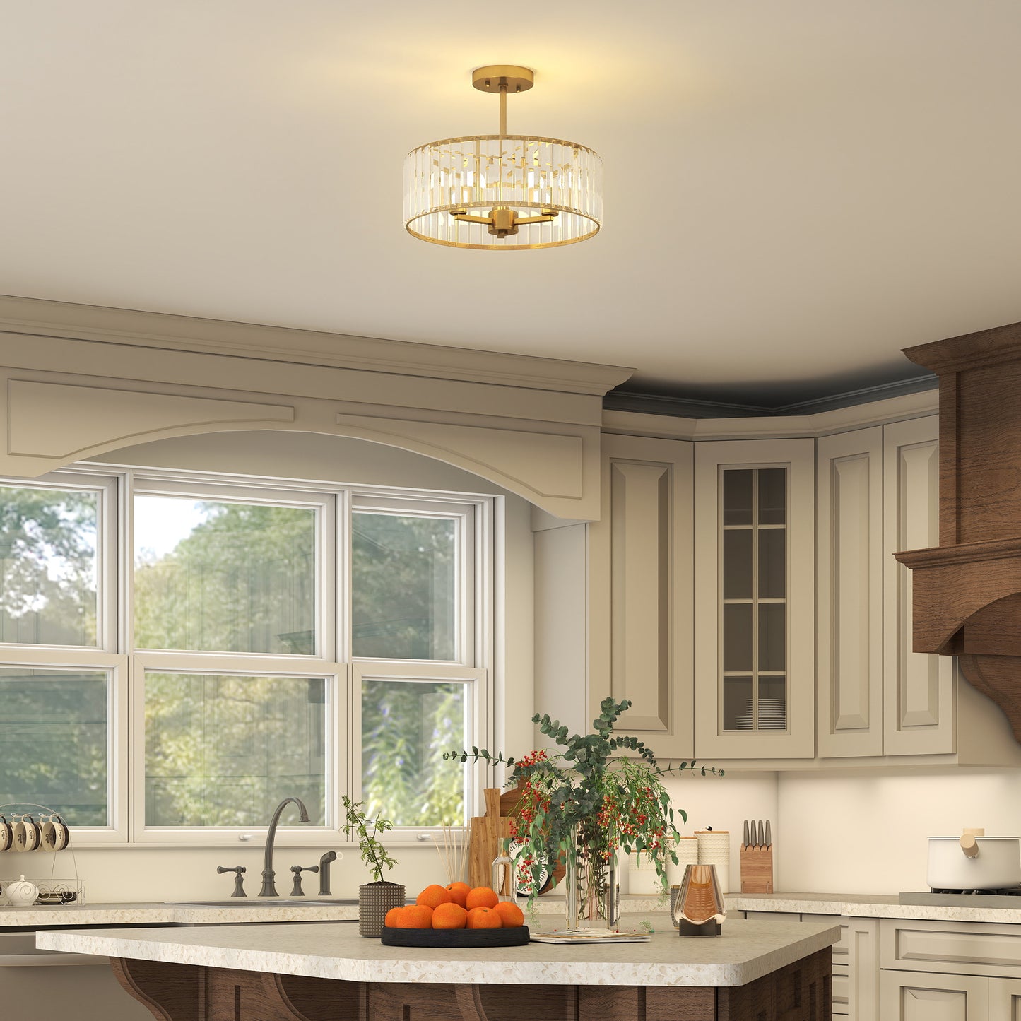 HOMCOM Crystal Ceiling Light Fixture Semi Flush Mount Modern Crystal Chandelier E14 Base 3 Lights Gold Tone