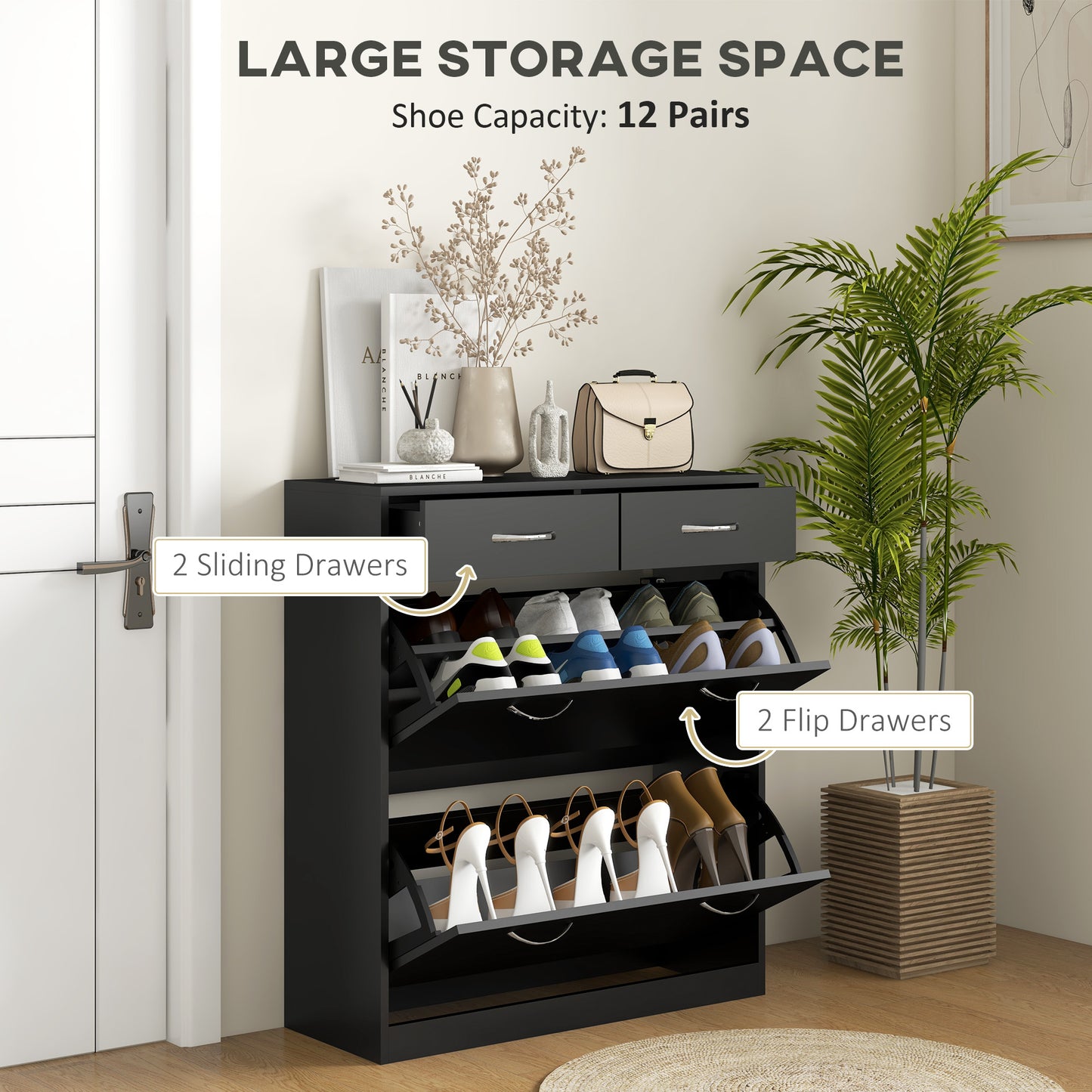 HOMCOM Narrow Shoe Storage Cabinet With 2 Flip Drawers And Adjustable Shelves Holds 12 Pairs Shoes Black