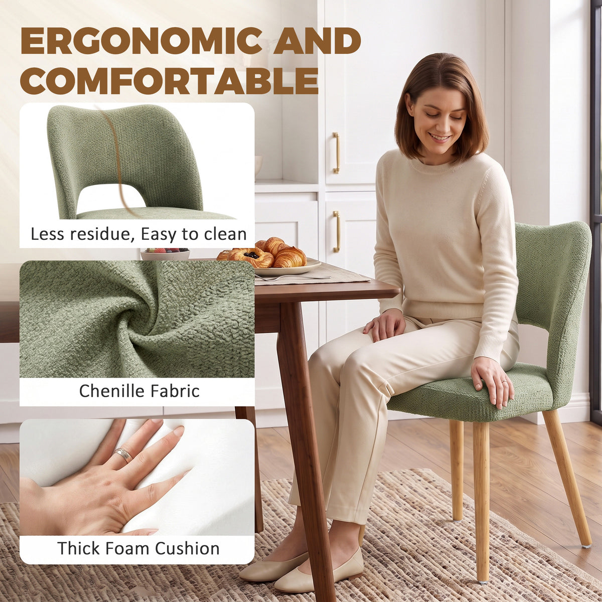 Green chenille dining chair with thick foam seat cushion and wooden legs