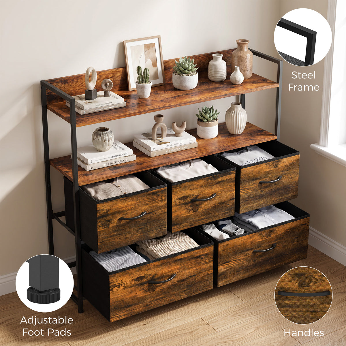 Rustic brown fabric dresser with metal frame, handles, and adjustable foot pads