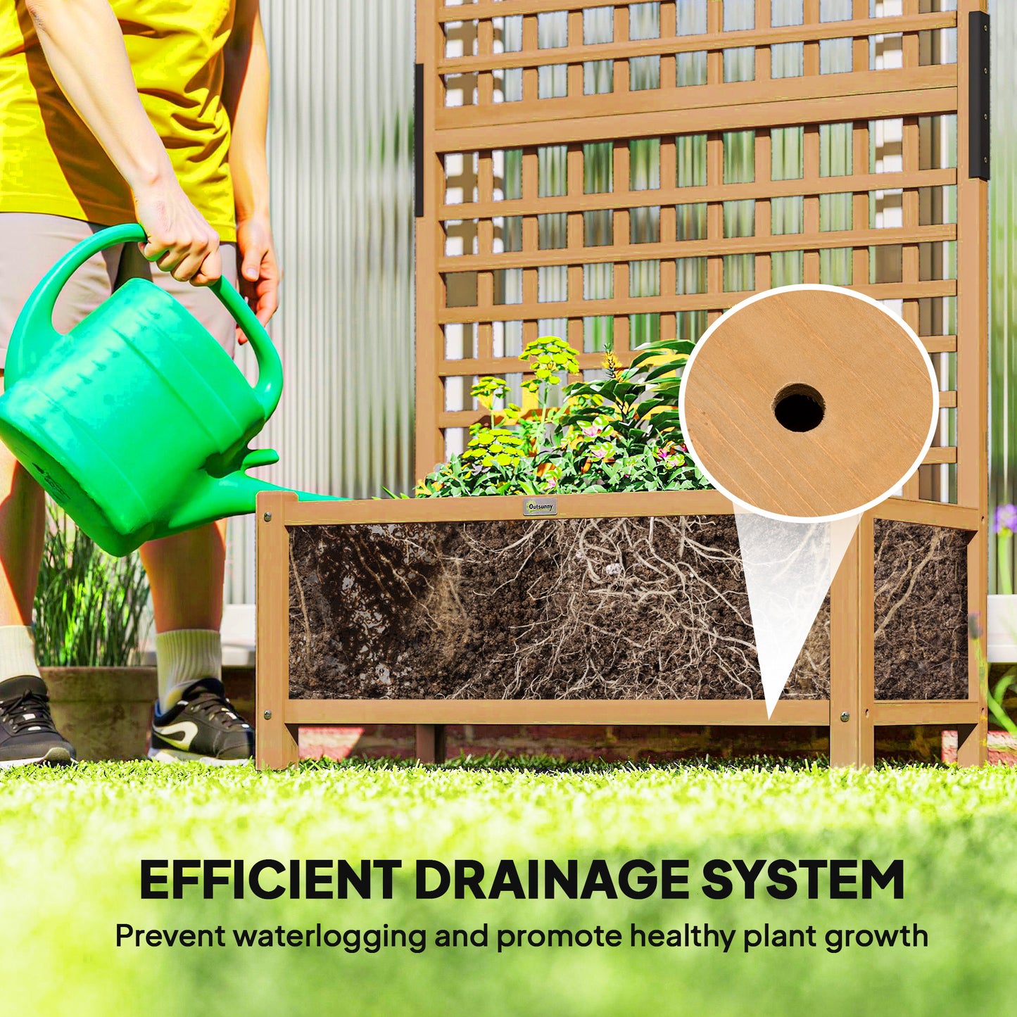 Outsunny Raised Bed Wood Planter With Trellis Drainage Holes For Climbing Plants Grow Vegetables And Flowers Yellow