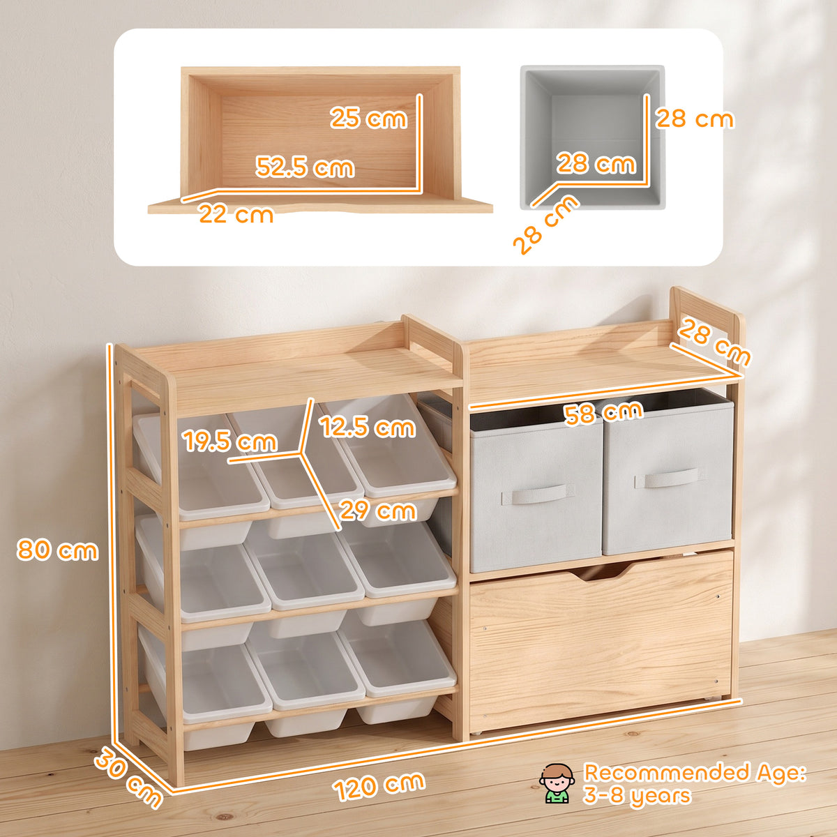 Light wood toy storage cabinet with open shelving, white bins, and two drawer doors
