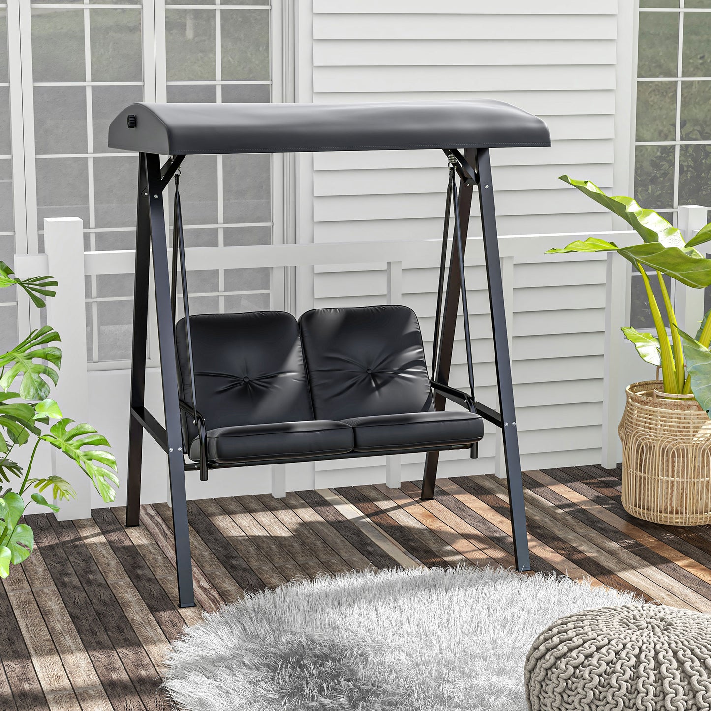 Outsunny Black Two-Seater Outdoor Swing Chair with Adjustable Canopy and Steel Frame for Patio Relaxation - ALL4U RETAILER LTD