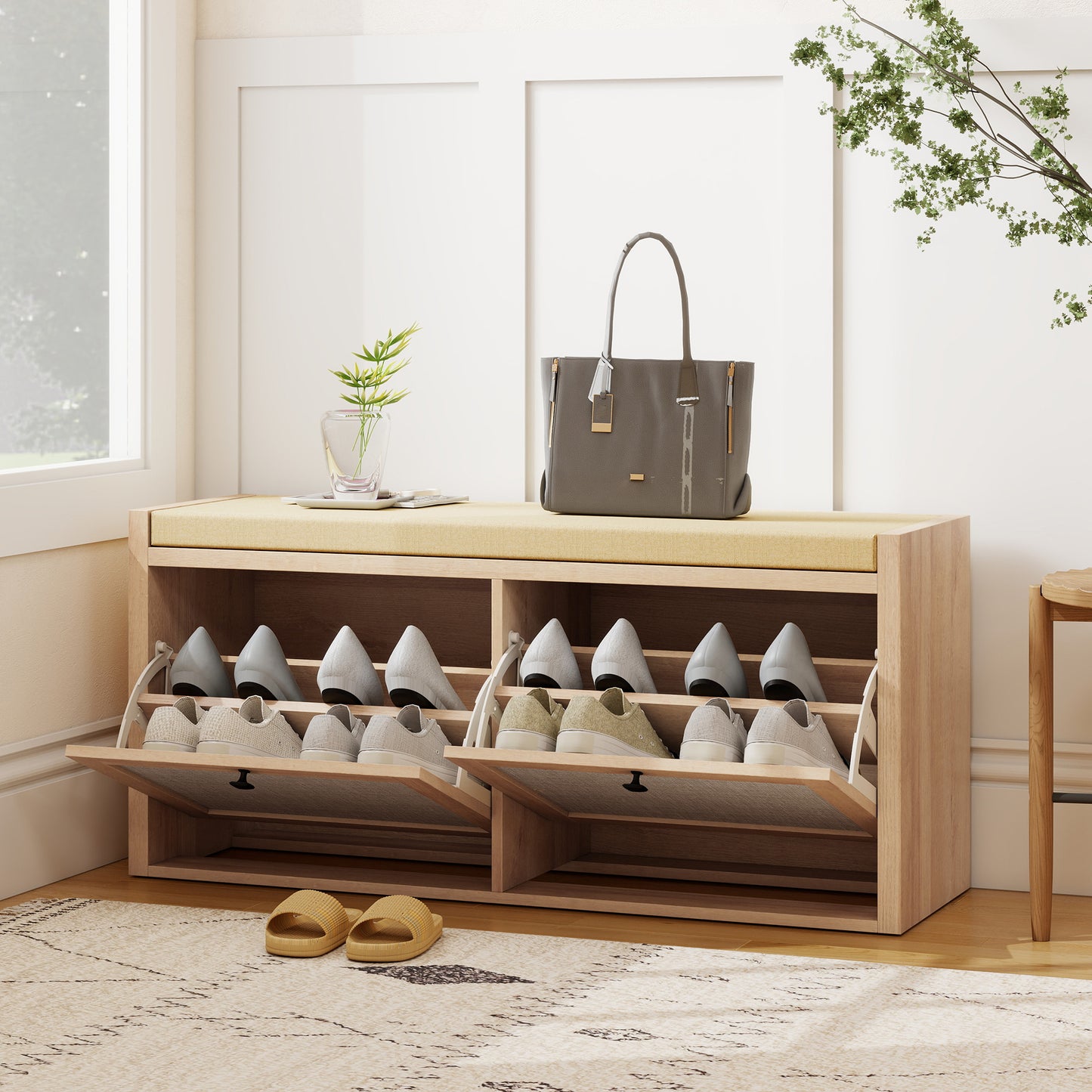 HOMCOM Rattan Shoe Bench With Padded Cushion And Hidden Storage Cabinets For Hallway In Oak Wood Effect