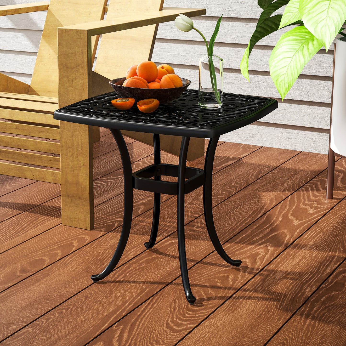 Outsunny Outdoor Cast Aluminium Square End Table With Umbrella Hole And Anti Slip Foot Pads 54x54 cm Black