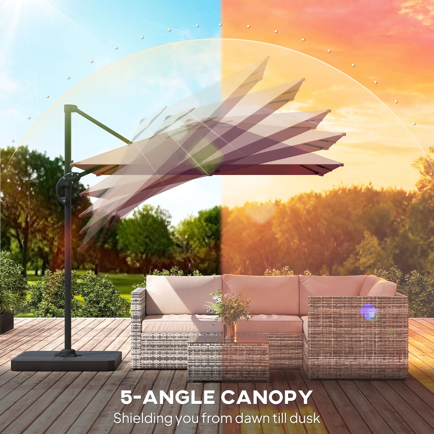 Outsunny 2.4m Square Cantilever Parasol With Weights UPF50 Offset Tilt Adjustment Khaki