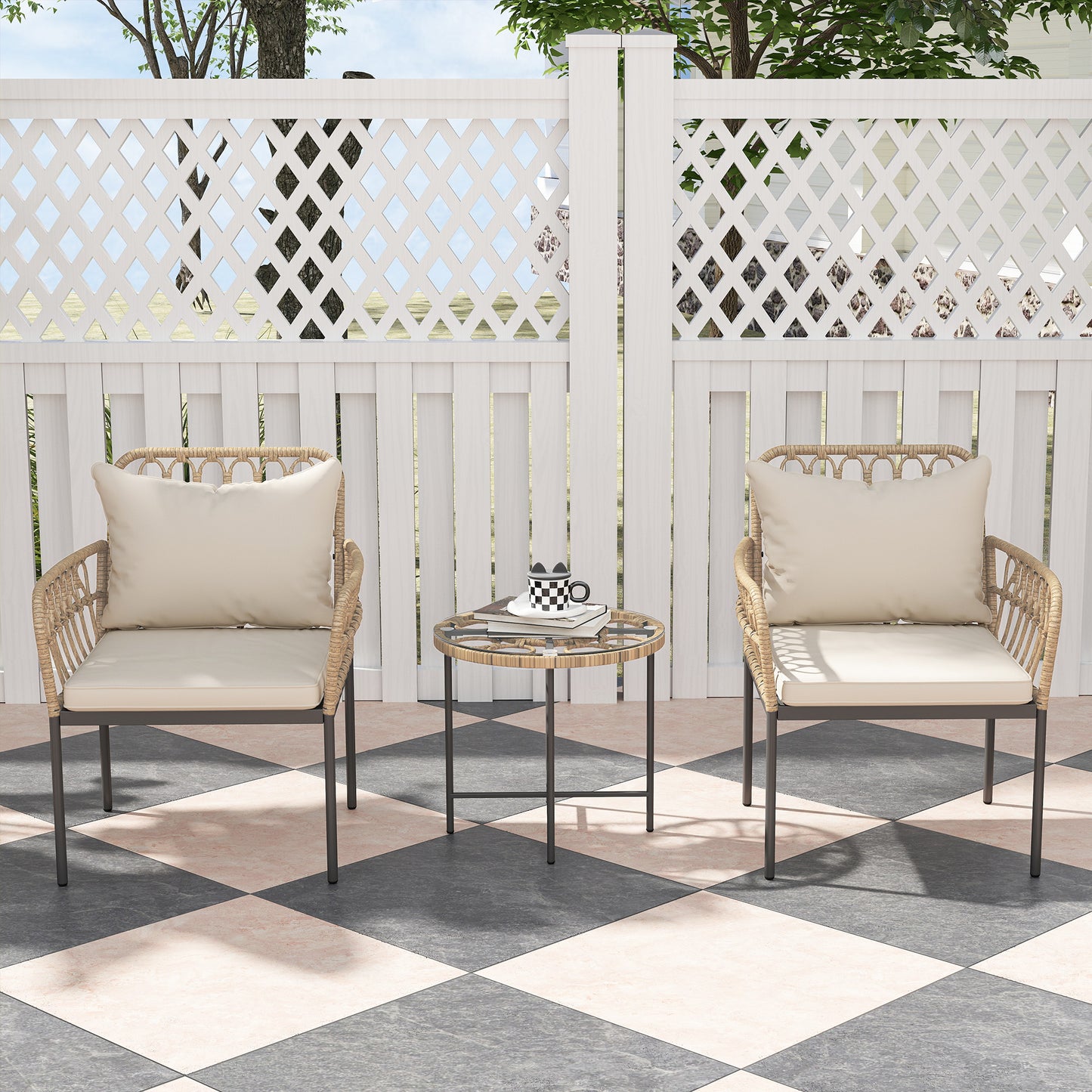 Outsunny 3 Piece Rattan Bistro Set Outdoor Wicker Garden Furniture With Cushions Glass Top Table And Chairs Beige