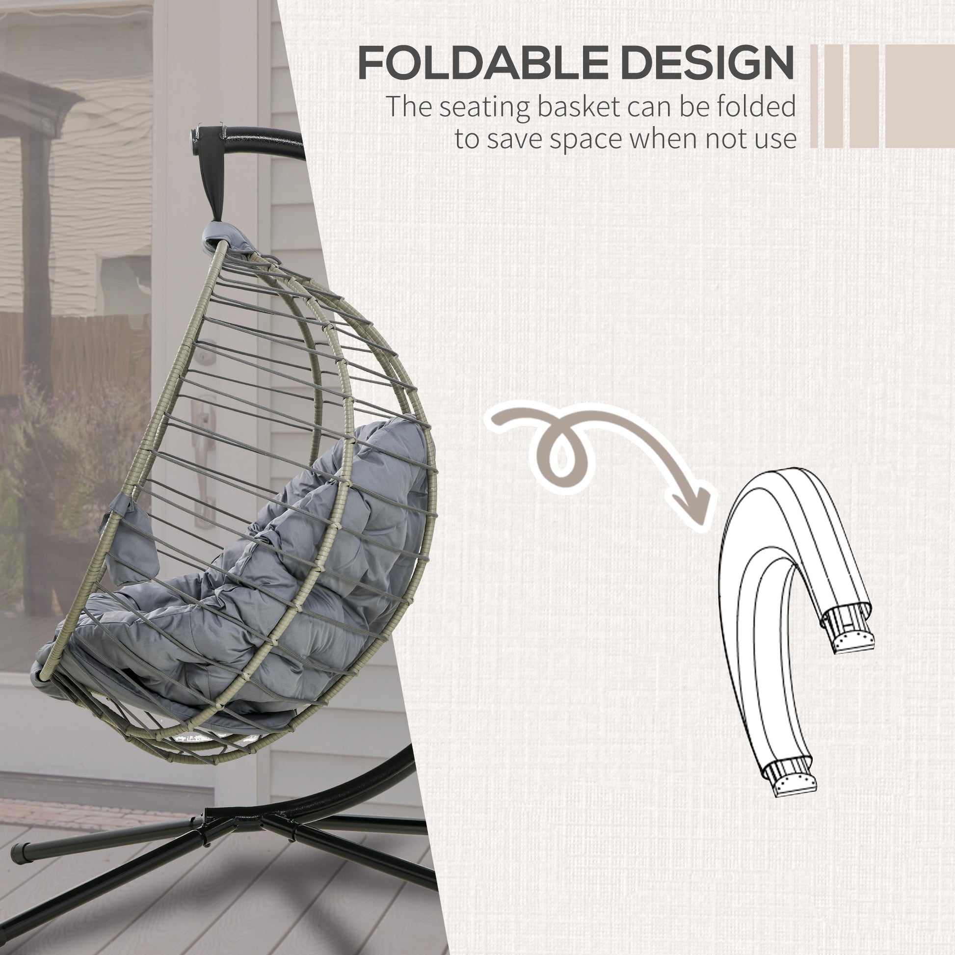 Outsunny Greystone Rattan Hanging Egg Chair with Stand and Cushion - Foldable Design with Cup Holder - ALL4U RETAILER LTD