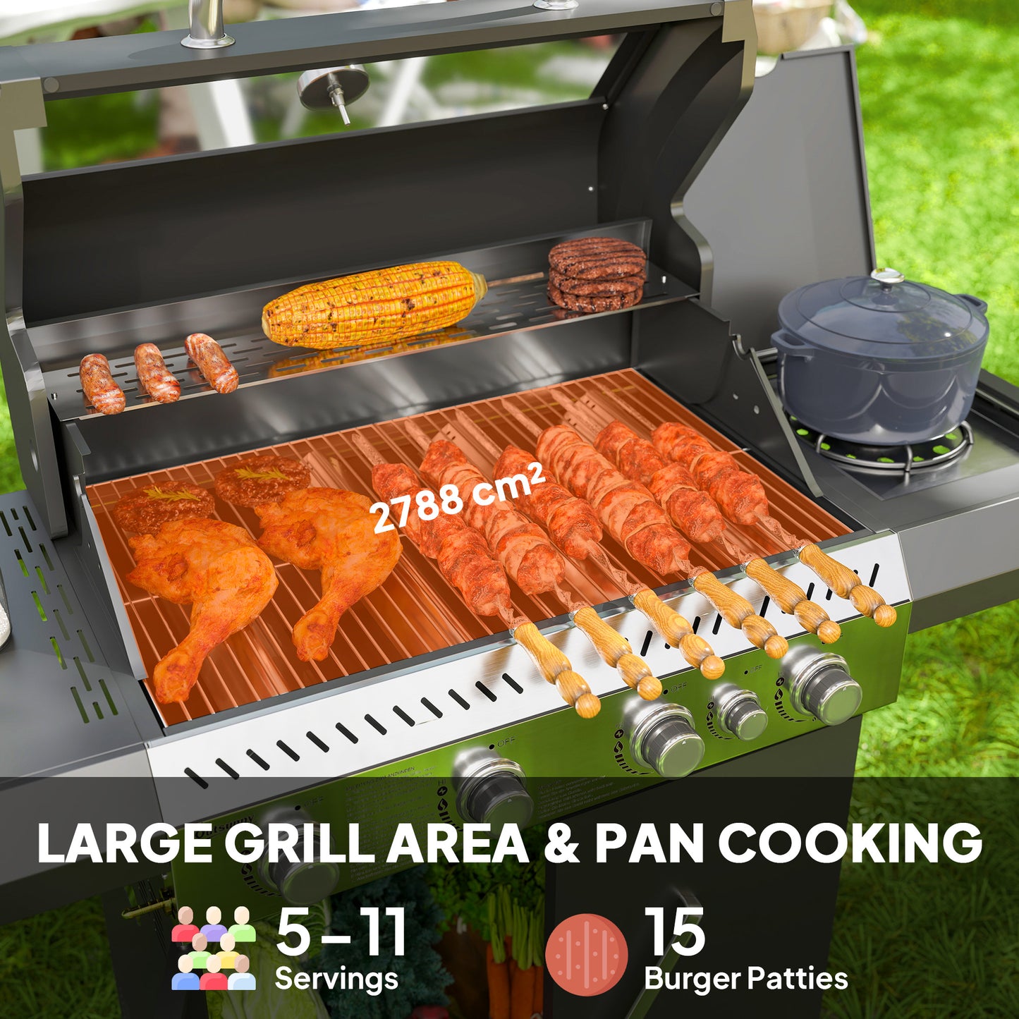 Outsunny 4 Plus 1 Burner Gas BBQ Grill With Clear View Lid Barbecue Grill Builtin Thermometer Side Table Cabinet Wheels