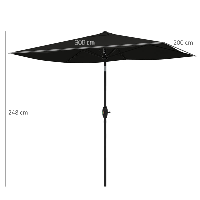 Outsunny 2x3m Rectangular Garden Parasol Umbrella - Outdoor Market Sun Shade with Crank & Push Button Tilt, 6 Ribs, Aluminium Pole - Black - ALL4U RETAILER LTD