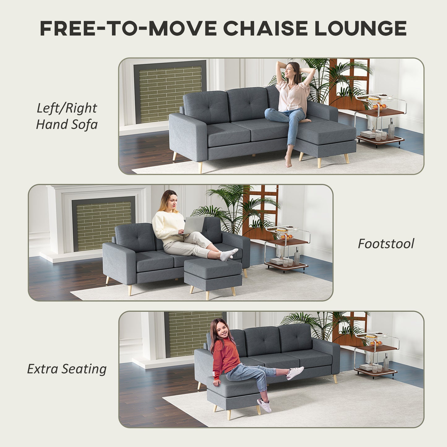 HOMCOM Three Seater Fabric L Shaped Sofa With Footstool And Wood Legs For Small Space Living Room Office Dark Grey