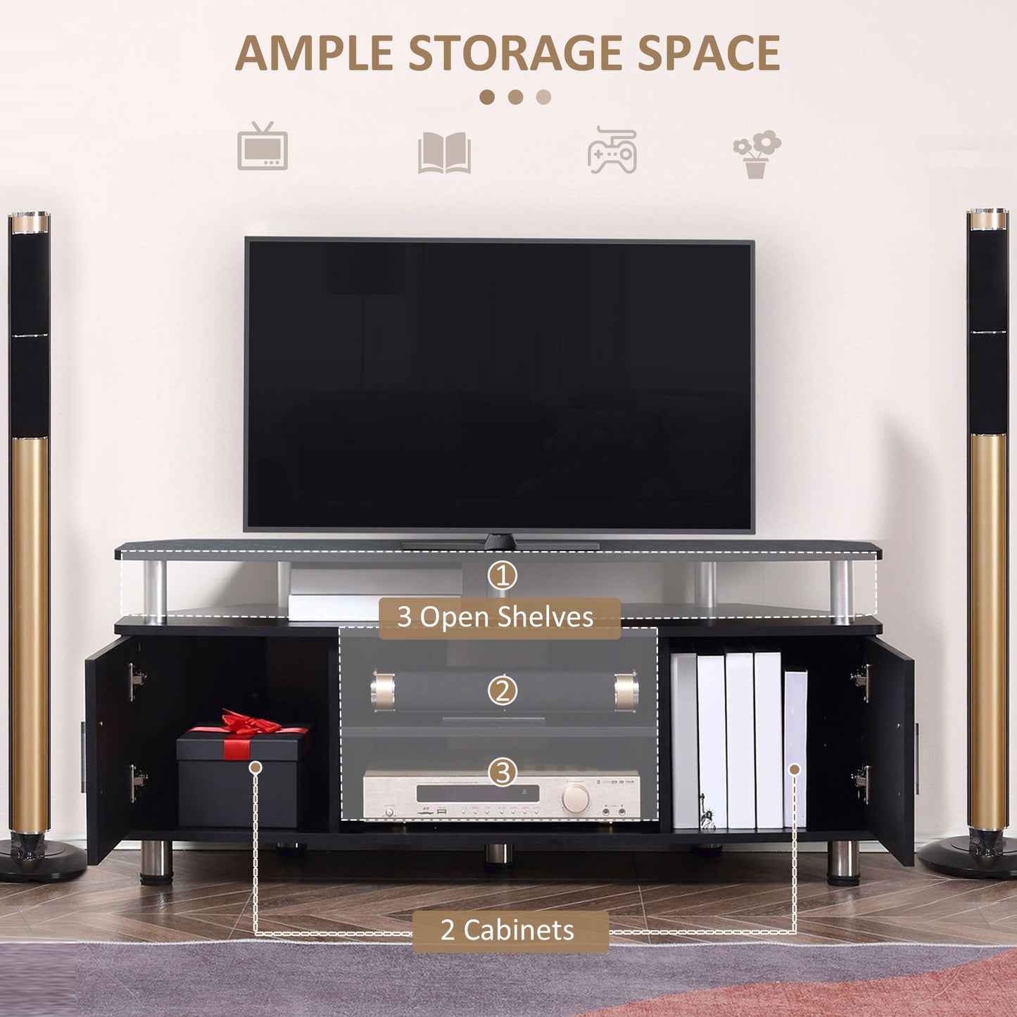 HOMCOM TV Unit Cabinet For TVs Up To 55 Inches With 120 Cm Top Shelf And Two Storage Cupboards For Living Room Black