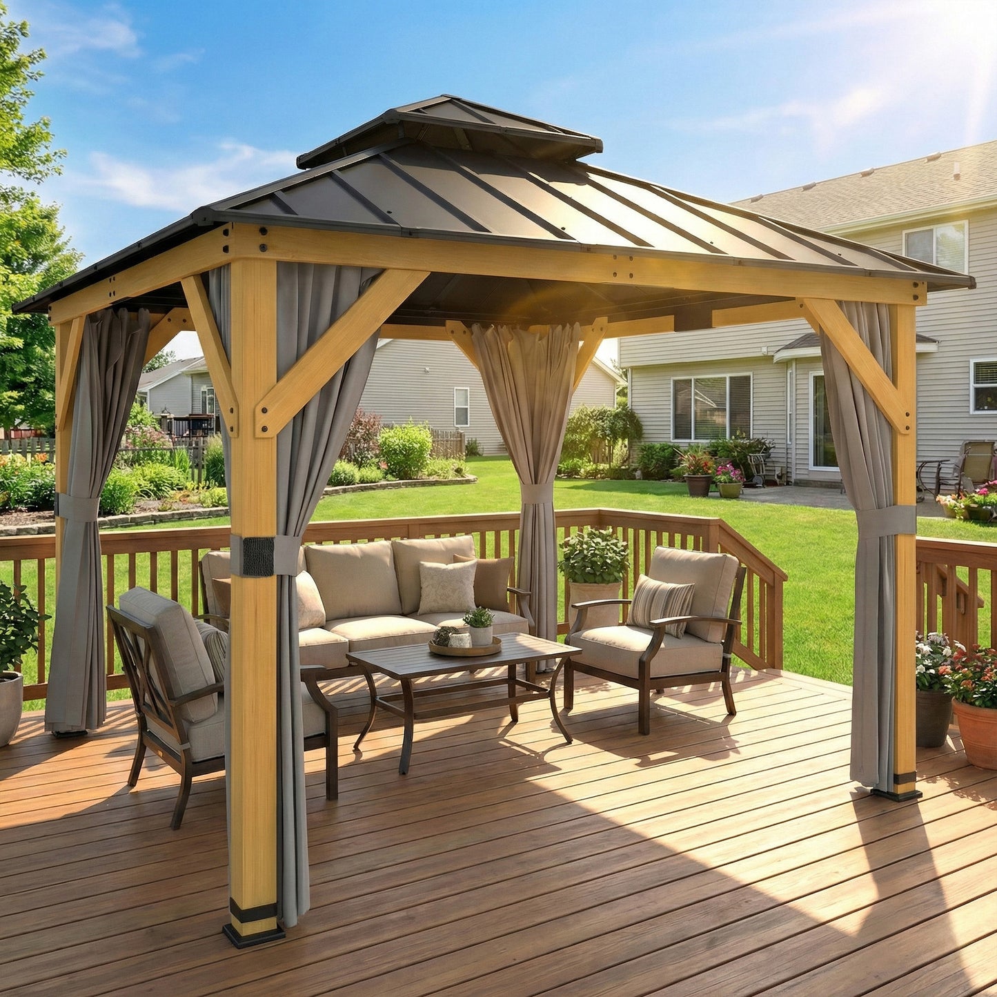 Outsunny 3m x 3m Hardtop Gazebo With Curtains Wood Garden Grey 2 Tier Steel Roof Rainproof Sun Protection UPF50