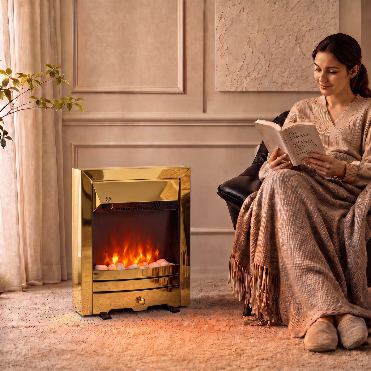 Electric fireplace stove with LED flame effect, brass frame, on short legs