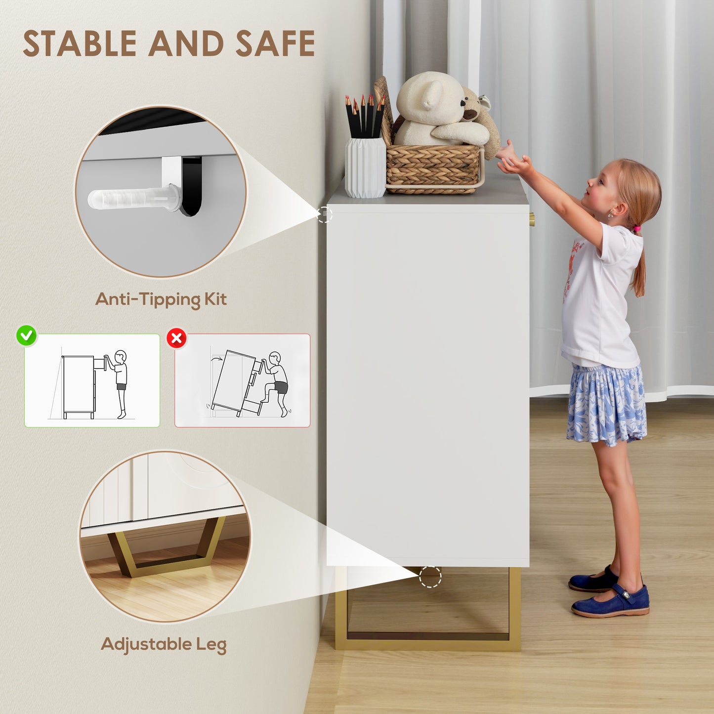 HOMCOM 3 Door Sideboard Storage Cabinet White With Adjustable Shelves Arched Doors And Gold Accents