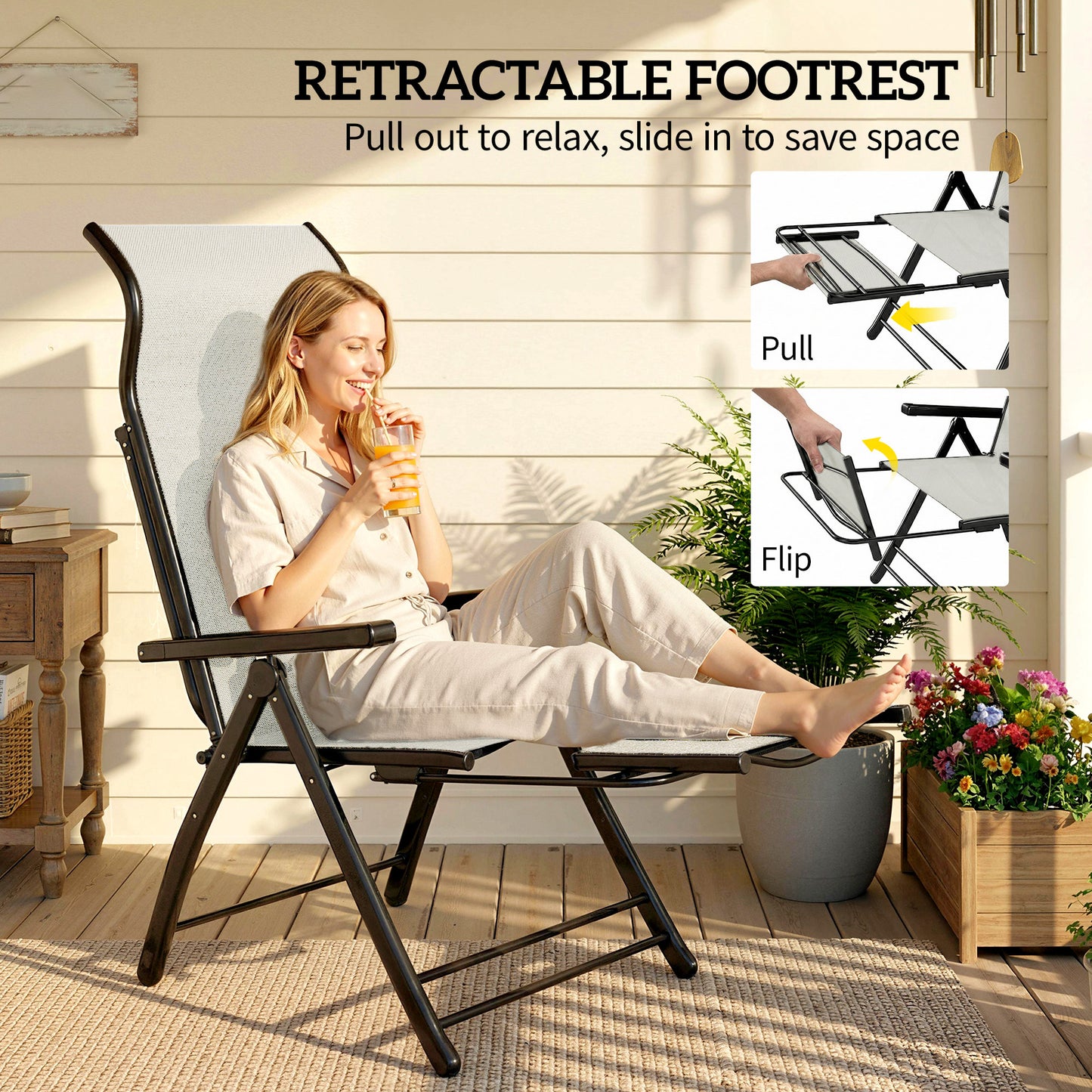 Outsunny Reclining Garden Chairs 2 Pack 5 Position Folding Sun Loungers With High Back Retractable Footrest Light Grey
