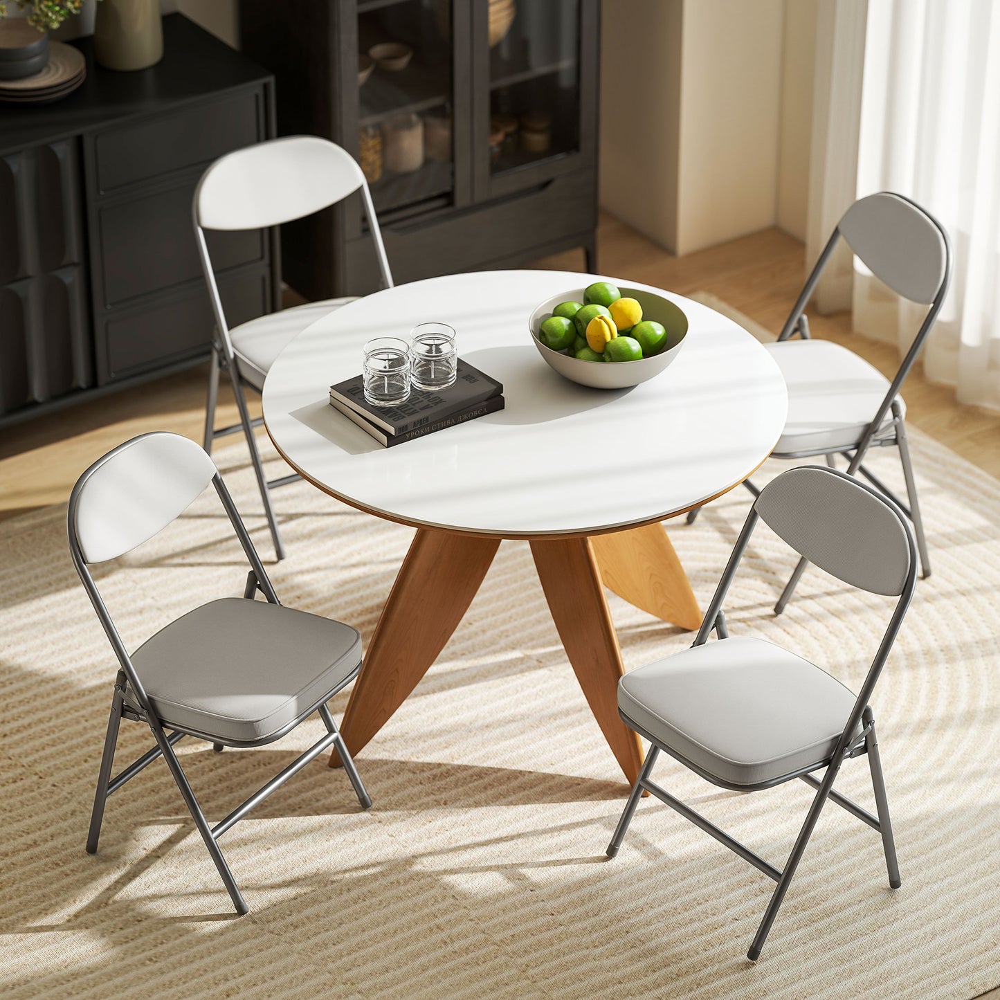 HOMCOM Set of Four Folding Corduroy Chairs Cream Steel Frame Padded Seat and Back for Easy Storage
