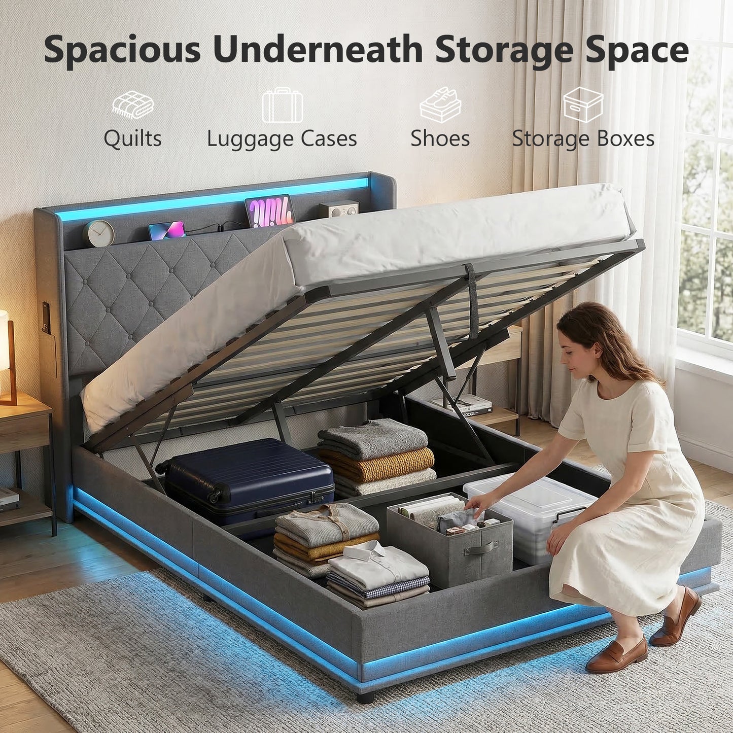 HOMCOM 4ft6 Double Bed Frame With Headboard And Hydraulic Storage LED Lights And USB Charging Station Grey