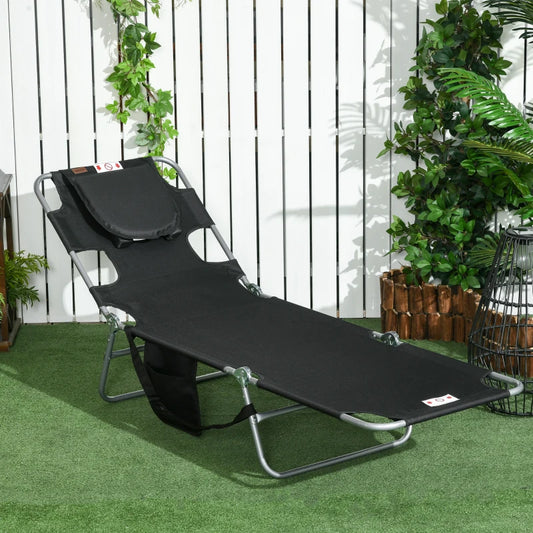 Outsunny Foldable Sun Lounger - Beach Chaise Lounge with Reading Hole, Arm Slots, 5-Position Adjustable Backrest, Side Pocket, Pillow - Ideal for Patio, Garden, Beach, Pool - Black