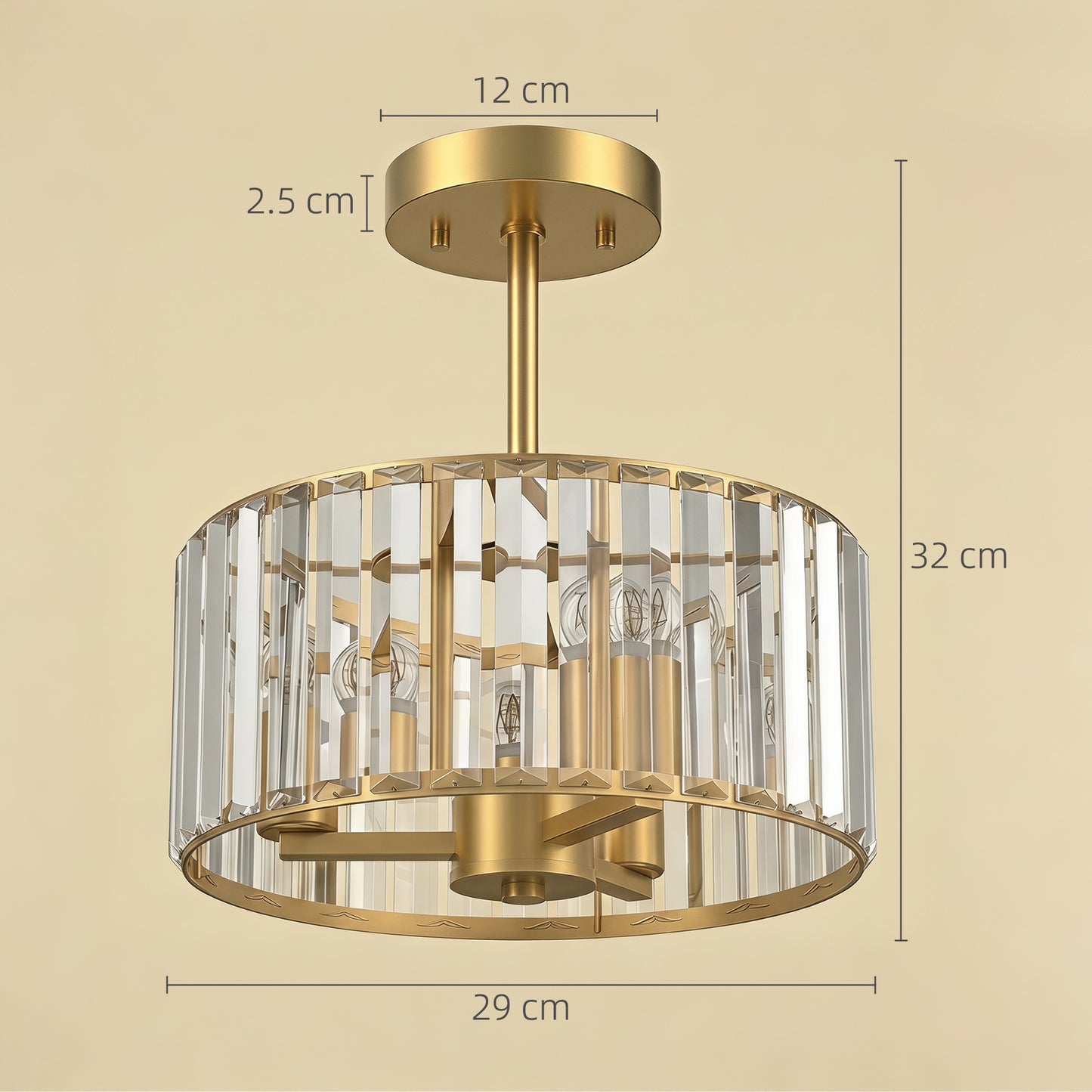 HOMCOM Semi Flush Mount Modern Crystal Chandelier Ceiling Light With E14 Base Gold Finish