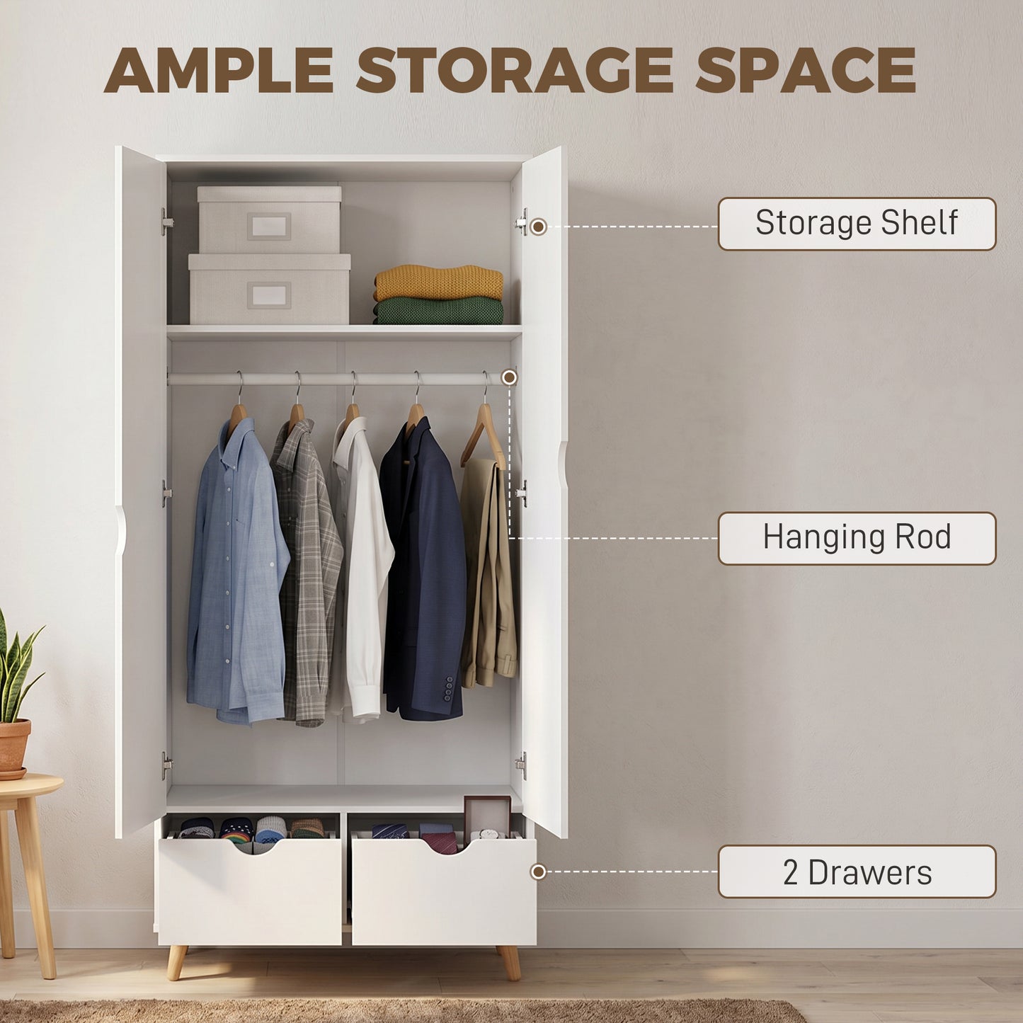 HOMCOM White 2 Door Wardrobe With 2 Drawers Hanging Rail And Shelves Wooden Feet