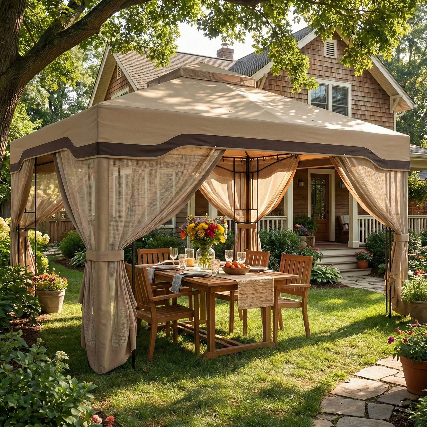 Outsunny 3 x 3.6 m Outdoor Garden Gazebo With Post Shelves UPF50 Plus Patio Permanent Pavilion With Hook Khaki