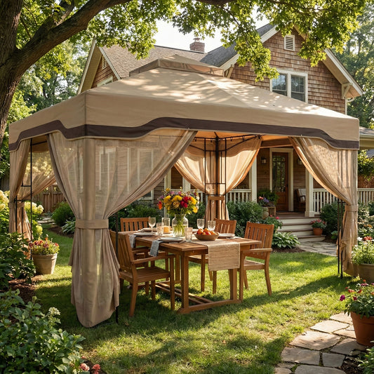 Outsunny 3 x 3.6 m Outdoor Garden Gazebo With Post Shelves UPF50 Plus Patio Permanent Pavilion With Hook Khaki