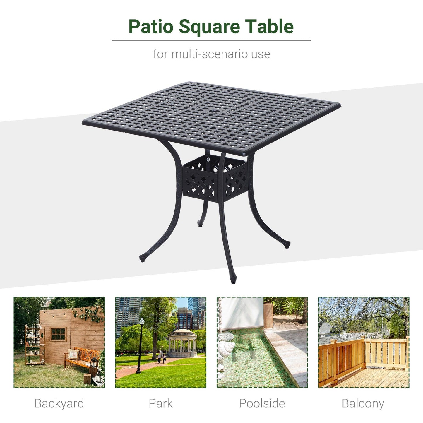 Outsunny 90cm Square Garden Table with Umbrella Hole, Aluminium Grid Motif Outdoor Dining Table for Garden Patio, Black - ALL4U RETAILER LTD