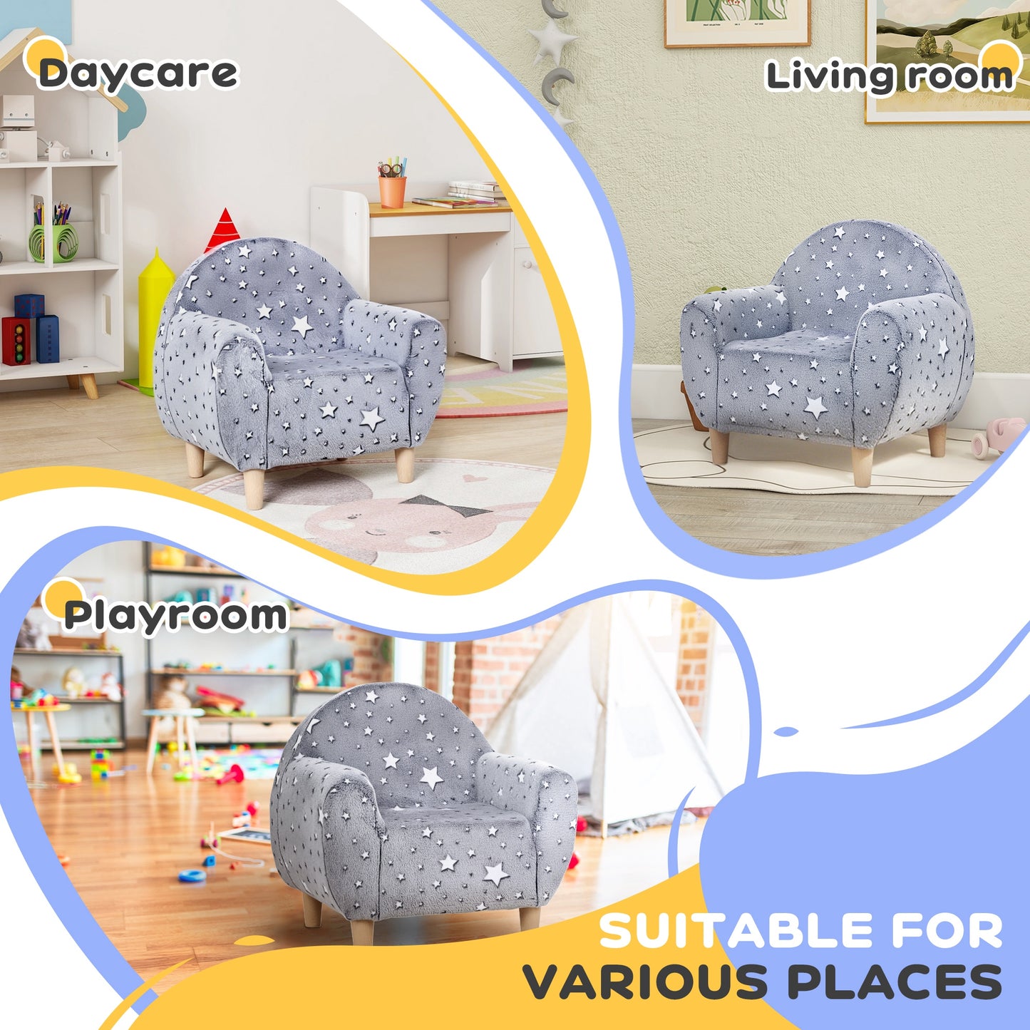 AIYAPLAY Kids Glow In The Dark Armchair With Star Design For Bedroom Playroom Kids Room Grey