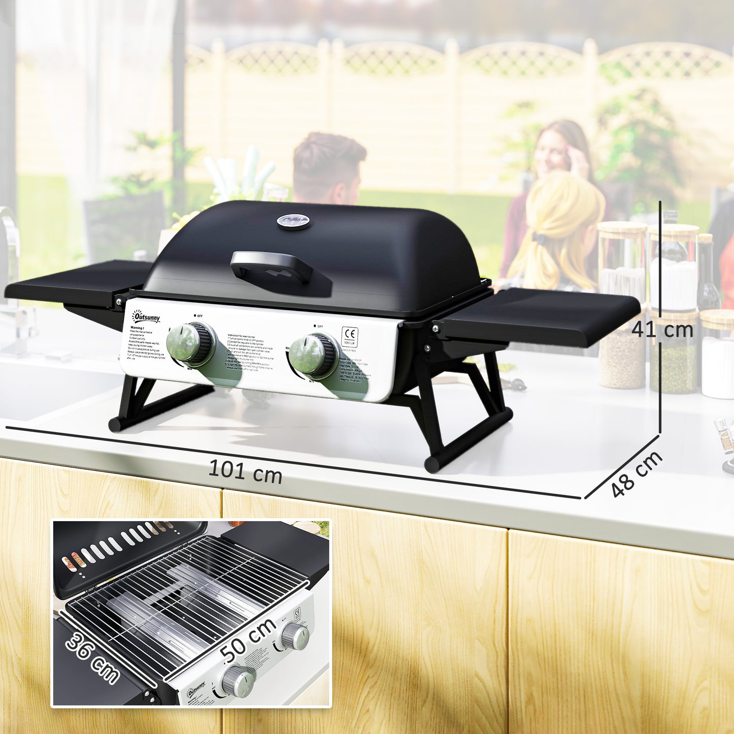 Outsunny Two Burner Compact Gas Grill Black With Piezo Ignition Side Shelves 1800 Square Centimeters Grilling Area