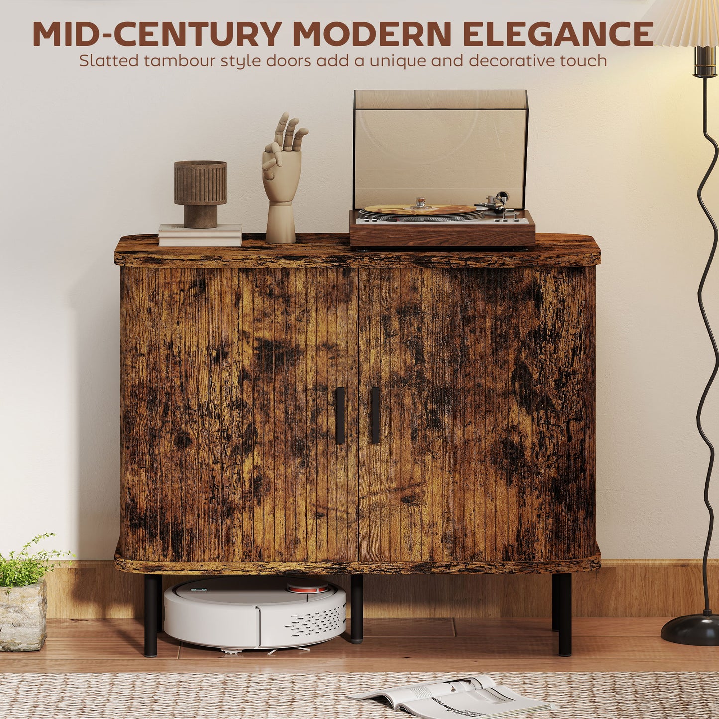 HOMCOM Mid Century Sideboard Cabinet Nightstand Accent Console With Tambour Doors Two Tier Storage Rustic Brown Warm Oak