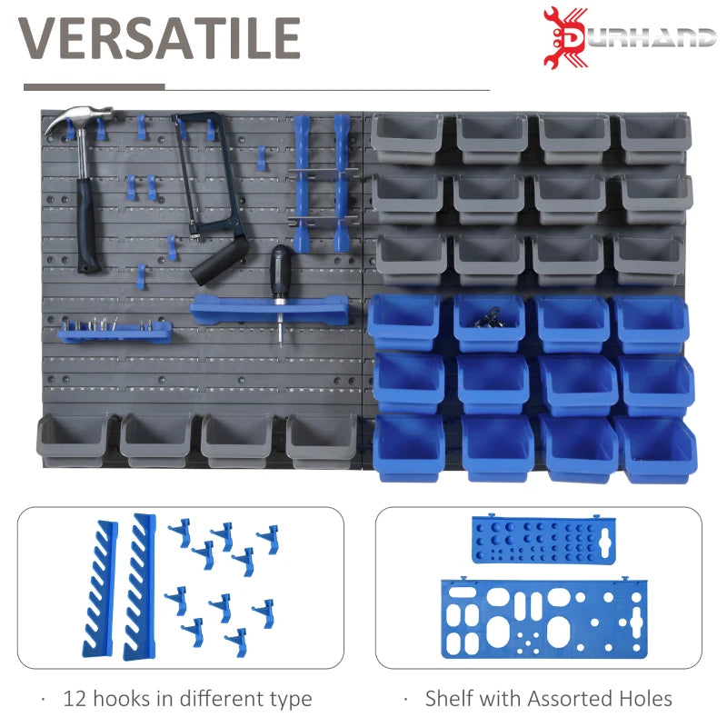 DURHAND 44 Piece Wall Mounted Tool Rack Organizer Storage Bins and Panel Set with Shelf Hook Screws Accessories - Blue - ALL4U RETAILER LTD