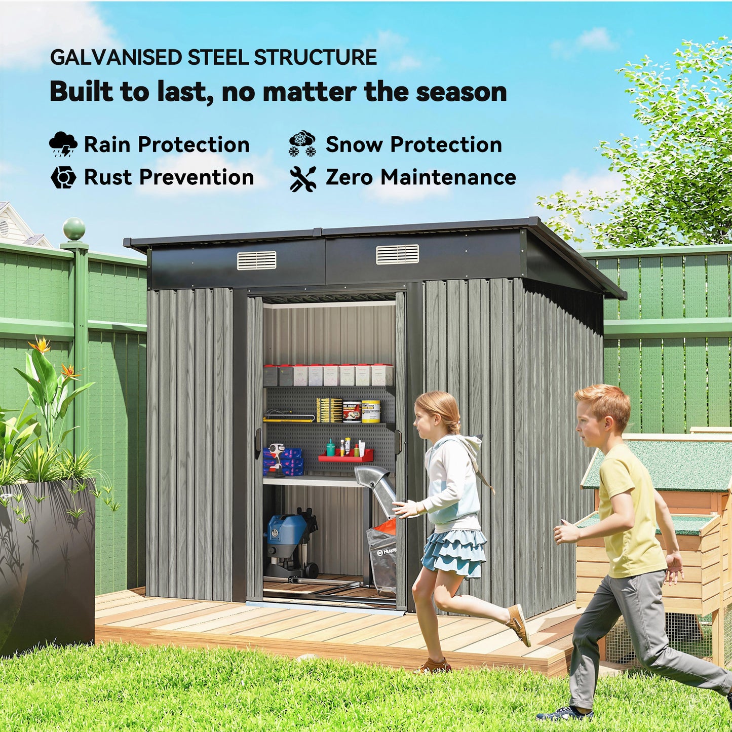 Outsunny 7 x 4ft Outdoor Storage Shed With Foundation Kit Lean To Metal Garden Shed Light Grey for Log Tools Bike