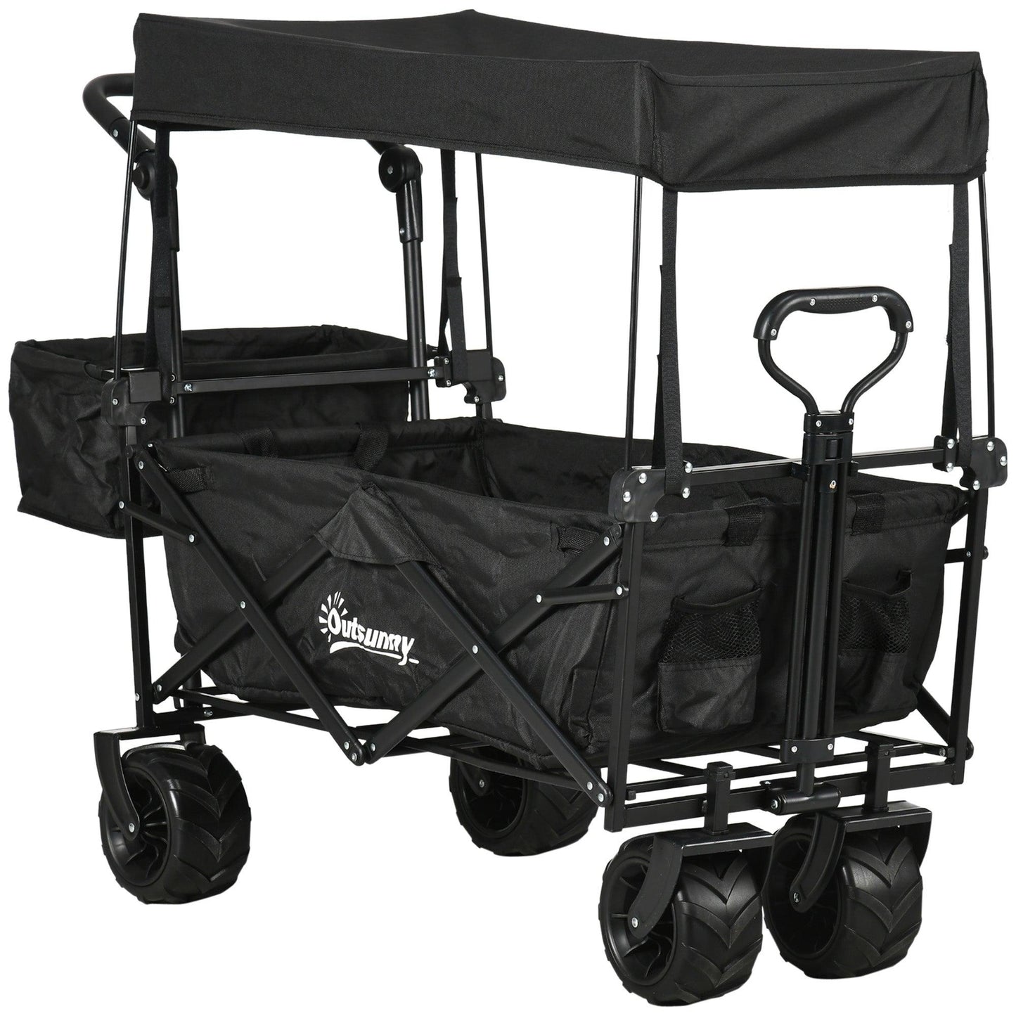 Outsunny Outdoor Push Pull Wagon Stroller Cart w/ Canopy Top Black - ALL4U RETAILER LTD