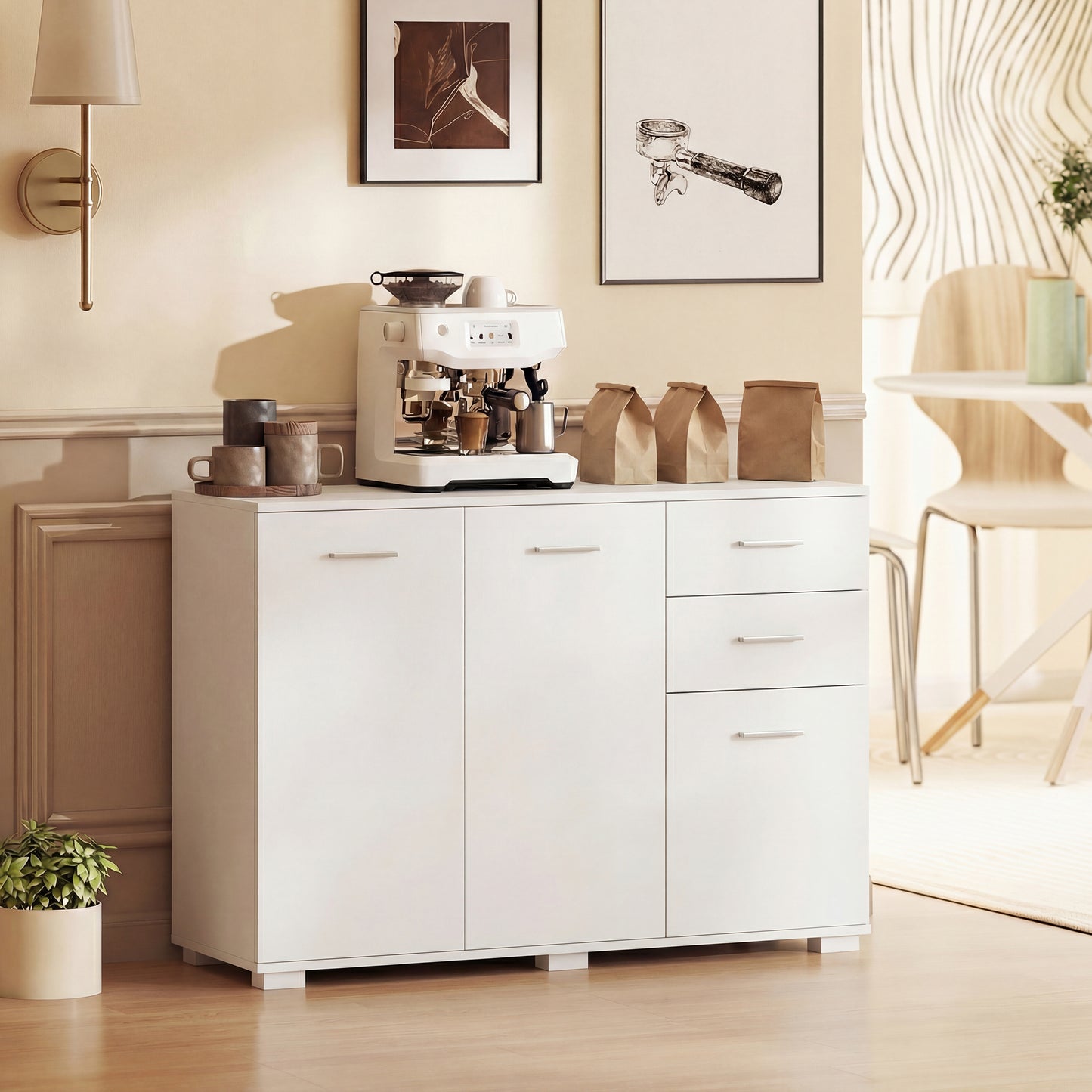 HOMCOM White Sideboard Cabinet With 2 Drawers 3 Doors And Adjustable Shelves For Modern Storage