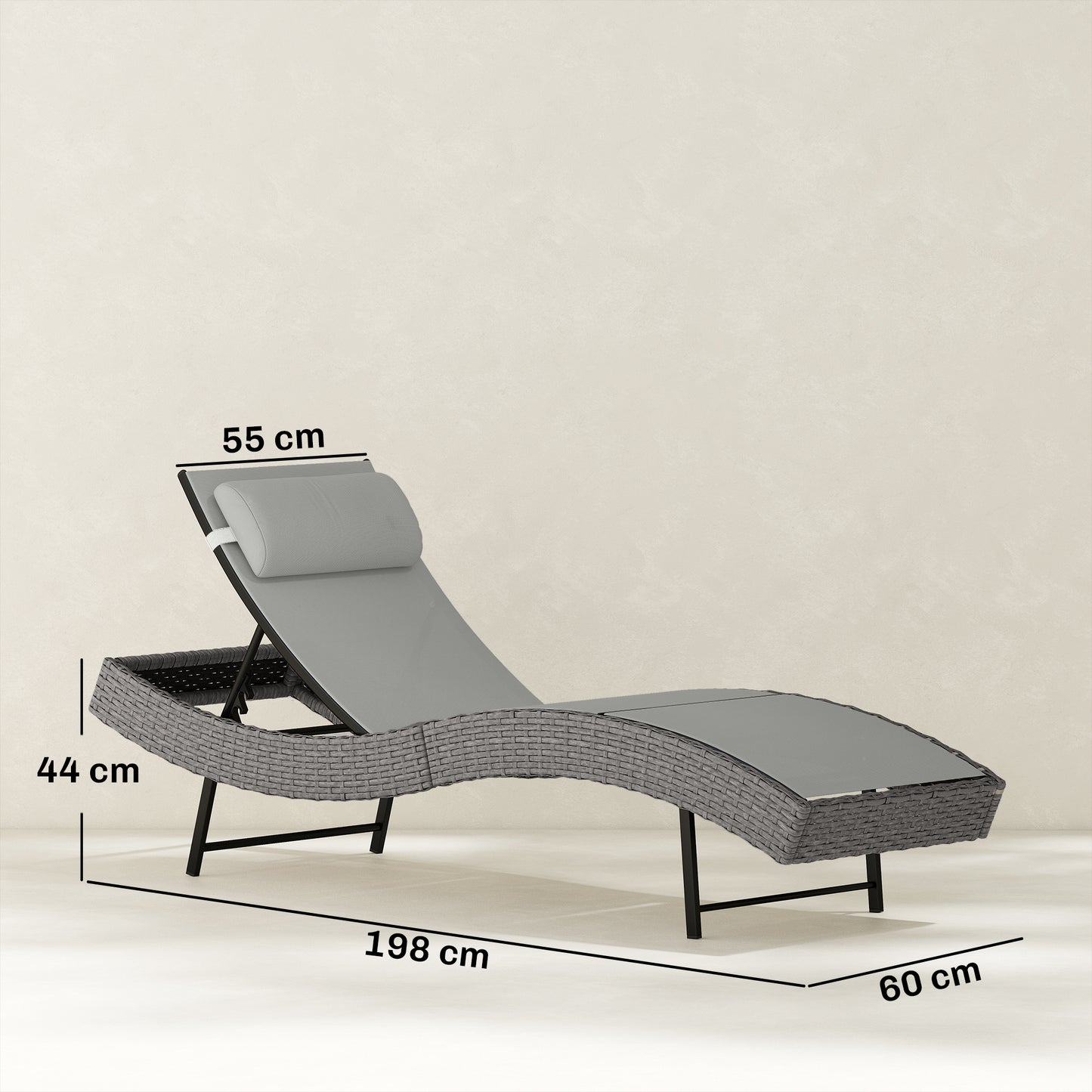Outsunny Rattan Sun Lounger Garden Recliner With 5 Position Adjustable Back S Shaped Texteline Seat Headrest Light Grey