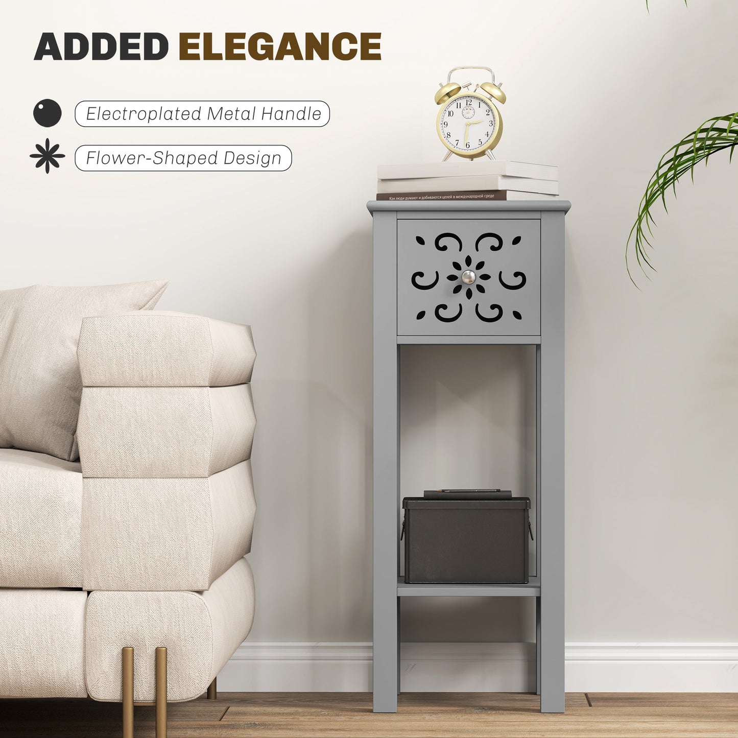 Homcom Set Of Two Elegant Floral Cutout Grey Side Tables With Drawers And Shelves For Living Room