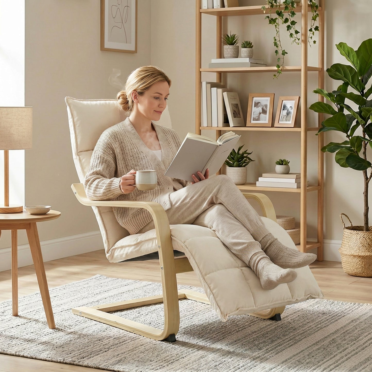 HOMCOM Modern Accent Chair With Built In Footrest Plush Cushion Linen Look Fabric Curved Legs And Arms Cream White