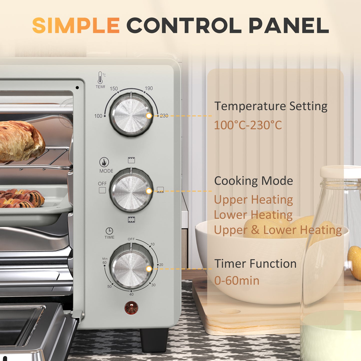 HOMCOM 21L Mini Countertop Oven With 100 To 230 Celsius Temperature Range, Removable Wire Rack And Tray, Silver Tone