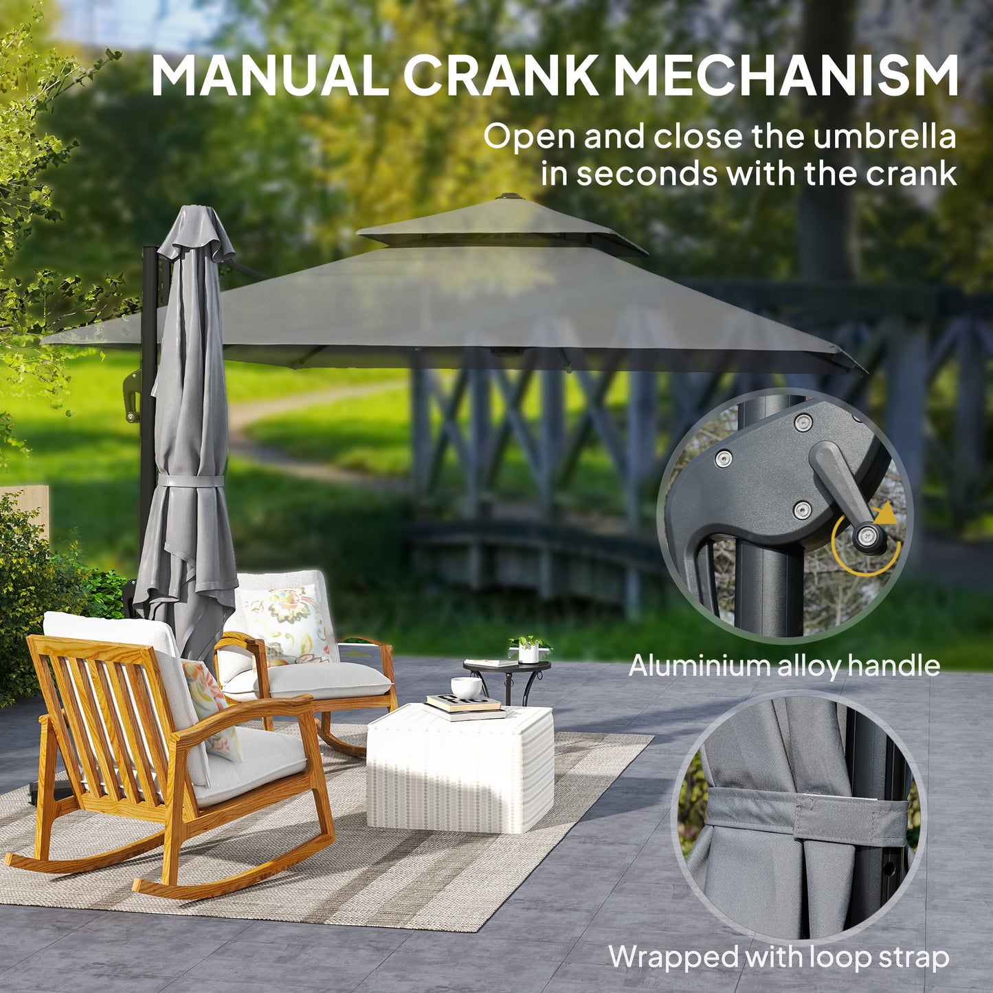 Outsunny Cantilever Parasol 3x3m Aluminum Frame Crank Tilt 360 Degree Rotation Double Top Garden Umbrella With Cover