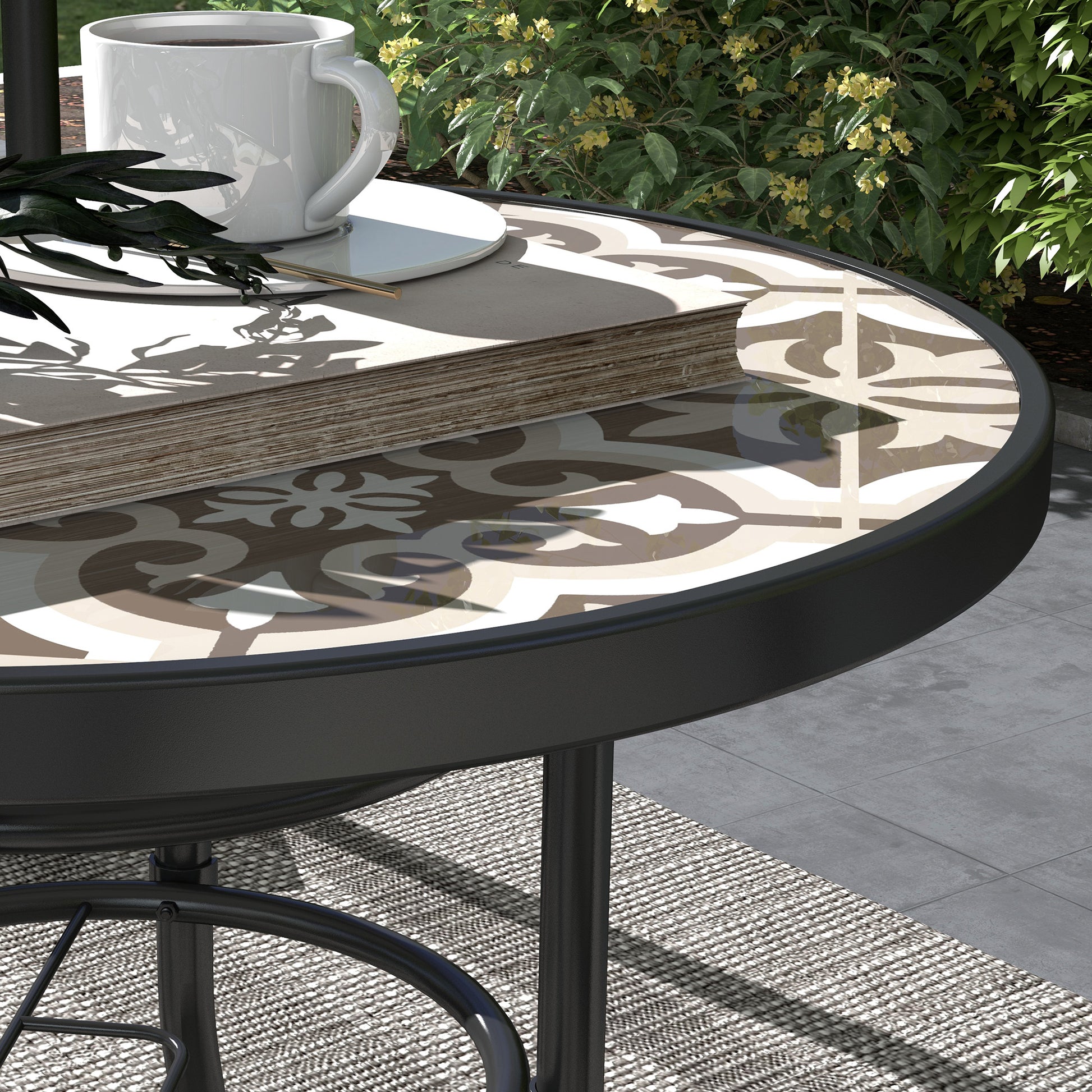 Outsunny Stylish Tan Brown Garden Bistro Table with Printed Glass Top and Durable Steel Frame - ALL4U RETAILER LTD