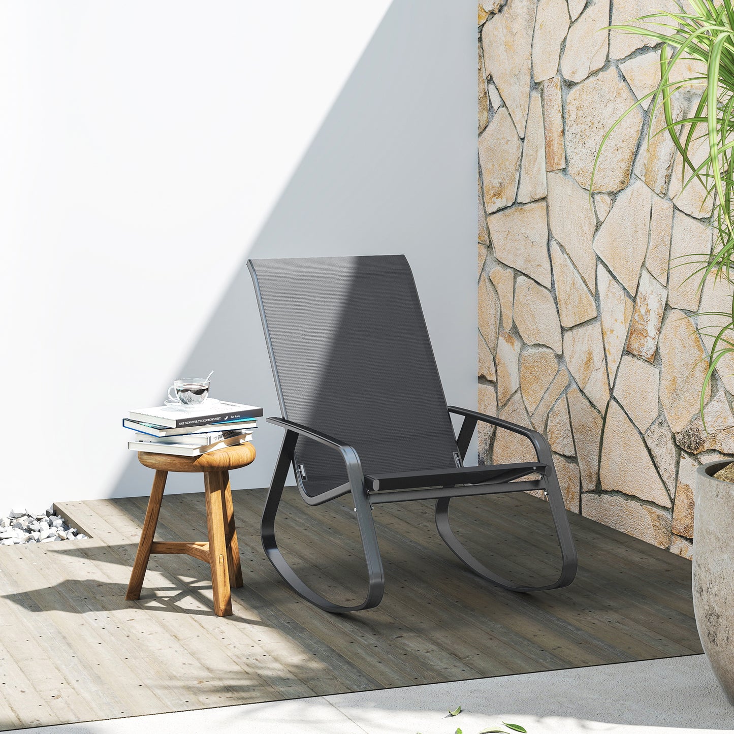 Outsunny Grey Rocking Garden Chair With Texteline Seat 110 To 150 Degree Motion