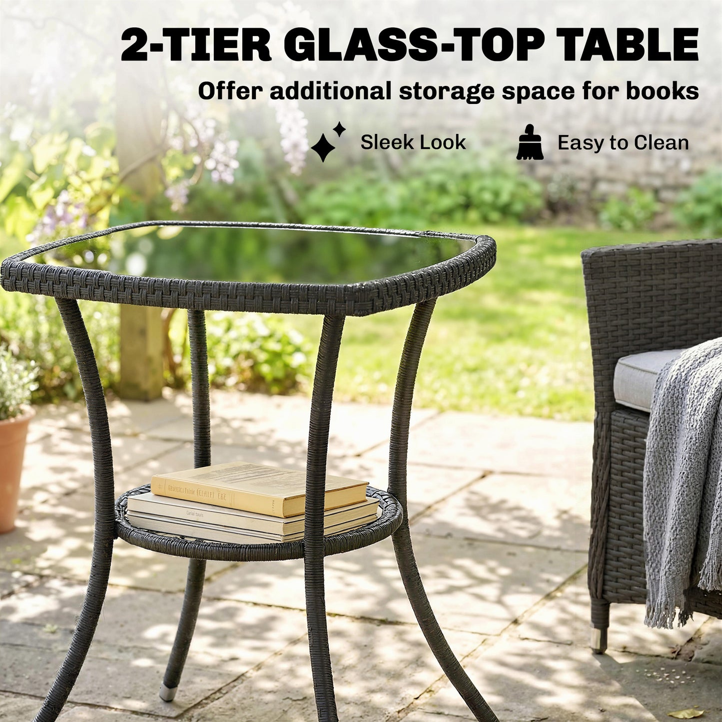 Outsunny 3 Piece Rattan Bistro Set Outdoor Cream White With 2 Tier Glass Top Table And Cushioned Chairs