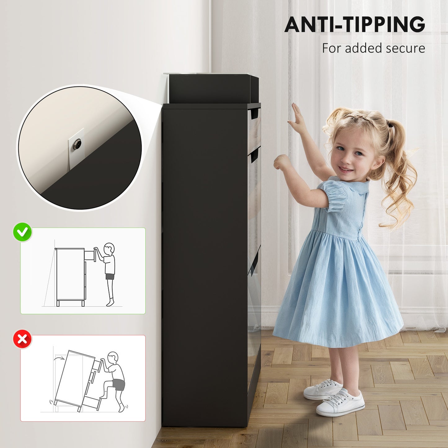HOMCOM Narrow Shoe Storage Cabinet With Slide Out Drawer And Two Flip Doors Tempered Glass Top Black